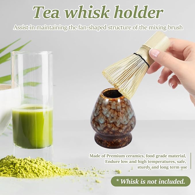 2Pcs Ceramic Matcha Bowl and Whisk Holder Set Easy to Use Tea Bowl and Whisk Stand Easy to Clean Matcha Tea Mixing Tool for Lover.(Kiln turns coffee,2PCS)