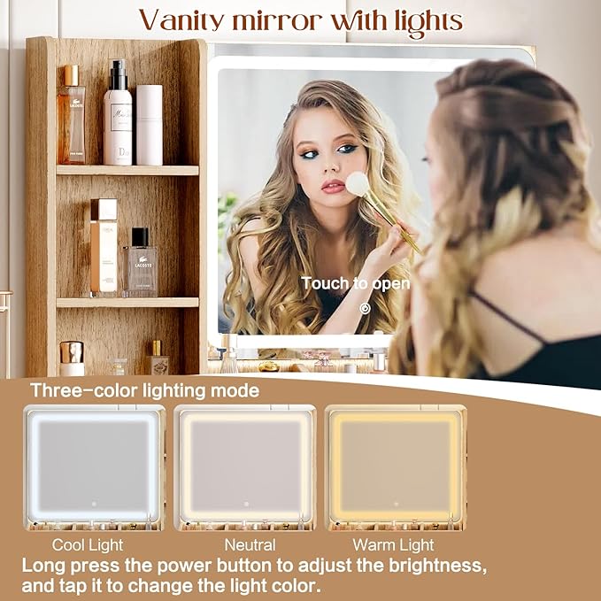 Large Vanity Desk with 3 Color Touch Screen Dimming Mirror, Vanity Desk with Charging Station, Modern Retractable Makeup Dressing Table, Makeup Table With storage shelves and 5 Sliding Drawers, Oak