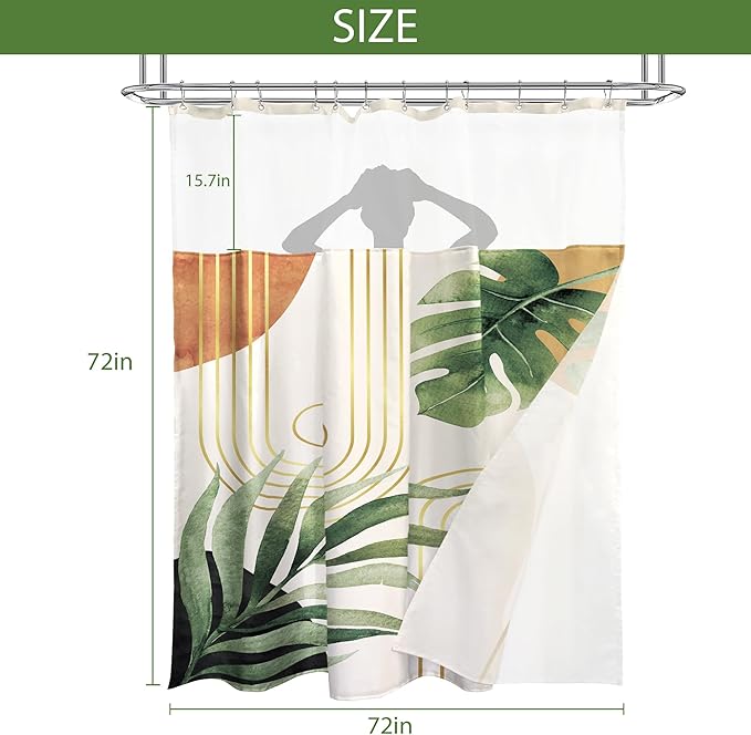 Glawry Boho Shower Curtain with Snap in Liner Modern Mid Century Tropical Palm Leaves Abstract Geometric Modern Arch See Through Mesh Top Window 72Wx72L Inches Bathroom Art Home Decor 12 Pack Hooks