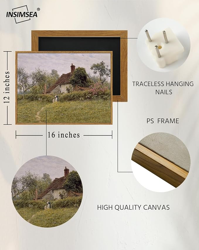 InSimSea Framed Canvas Wall Art Vintage Decor, Landscape Wall Art Prints, Old Cottages Countryside Paintings Wall Decor, Rustic Farmhouse Wall Picture for Bedroom Living Room Bathroom, 12"x16"