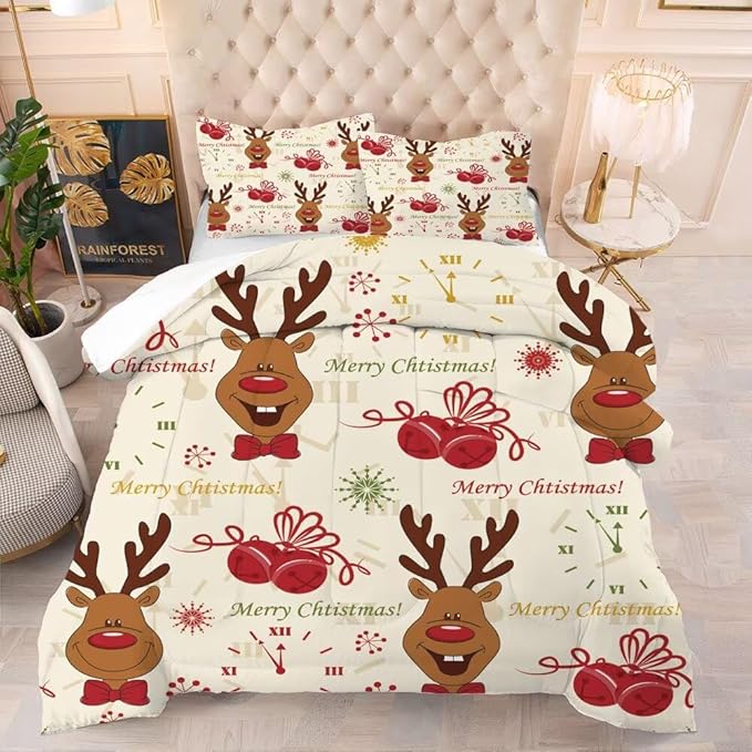 Christmas Comforter Set King Size for Boys Girls, Cartoon Merry Christmas Reindeer Print Bedding Set, Christmas Decorations Cute Beige Xmas Bed Set with 1 Comforter and 2 Pillowcases