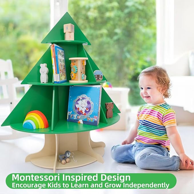 WOOD CITY Kids Bookshelf and Toy Storage Organizer, 2 in 1 Solid Wooden Children Tree Bookcase and Toy Shelf Toddler Storage Display Bookshelf for Kids Room Playroom Bedroom Study Easy Assembly