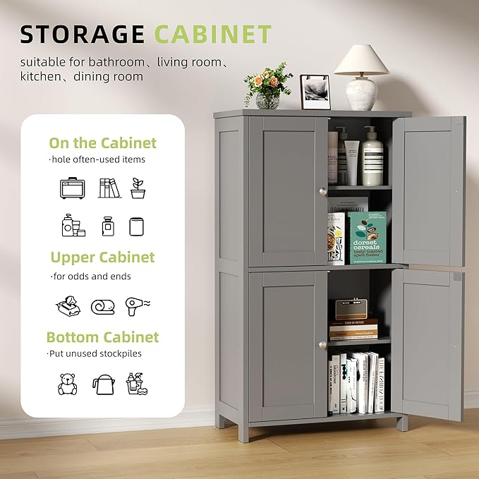 Vongrasig Bathroom Floor Storage Cabinet, Modern Storage Unit with 4 Doors and Adjustable Shelves, Freestanding Sideboard Cabinet for Bathroom, Kitchen, Living Room, Grey