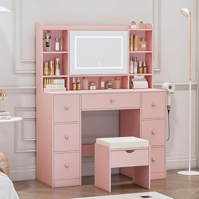 Vanity Desk with Mirror & LED Lights, Built-in Power Outlet, Dimmable LED Lighting, 7 Drawers & 7 Storage Compartments, Includes Padded Stool – Ideal Table for Bedroom Dressing Room (Pink)
