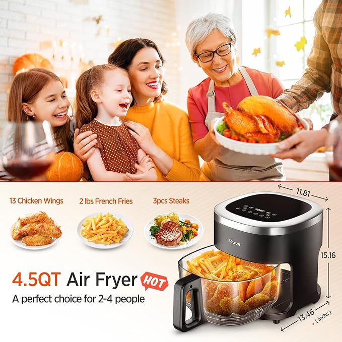 Glass Air Fryer,4.5QT Air Fryer with Viewing Glass Pot, Air Fry, Roast, Reheat, Dehydrate, Air Crisp Technology,Nonstick & Dishwasher Safe Basket,97% Less Oil,Features Digital Timer