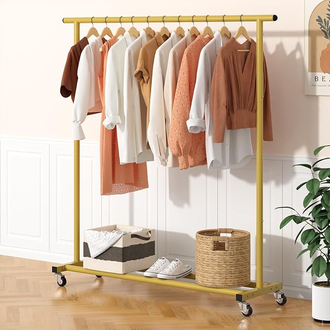 Buzowruil Metal Rolling Clothing Rack Adjustable Freestanding Garment Organizer with Wheels, Space-Saving Design for Home, Closet, Office, or Retail, Gold