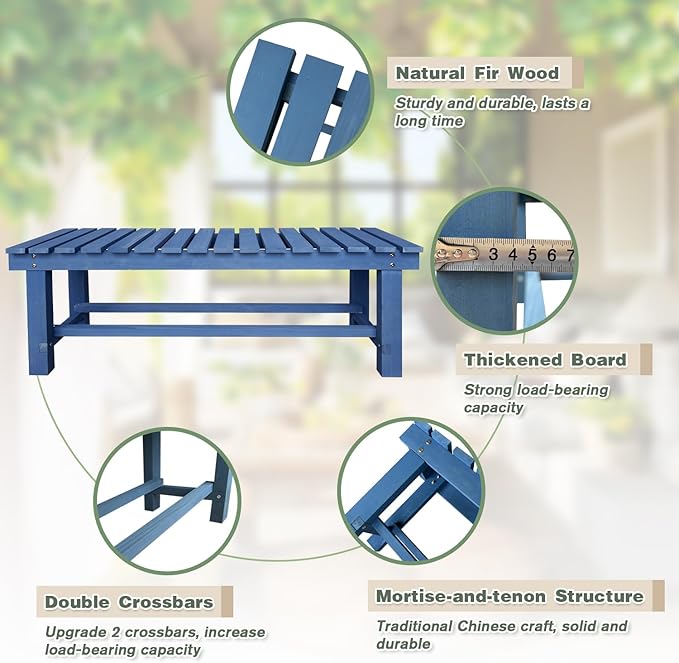 Outdoor Garden Wood Bench, 3-Person Weatherproof Wooden Bench Park Narrow Bench, Never Rot or Fade Waterproof Backless Bench for Entryway, Outdoor, Patio, Porch, Backyard and Park (Blue,47.2''/120cm)