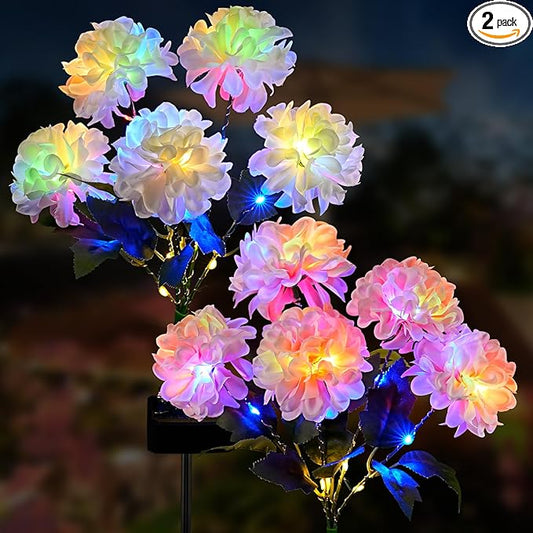 2 Pack Solar Garden Lights Outdoor, LED Colorful Waterproof Solar Powered Hydrangea Flowers Landscape Lights for Patio, Outside Yard, Pathway Decorative, Décor, Two Lighting Modes