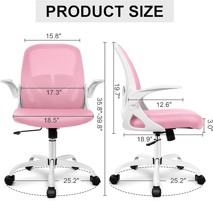 Primy Office Chair Ergonomic Desk Chair with Adjustable Lumbar Support and Height, Swivel Breathable Desk Mesh Computer Chair with Flip up Armrests for Conference Room (Pink)