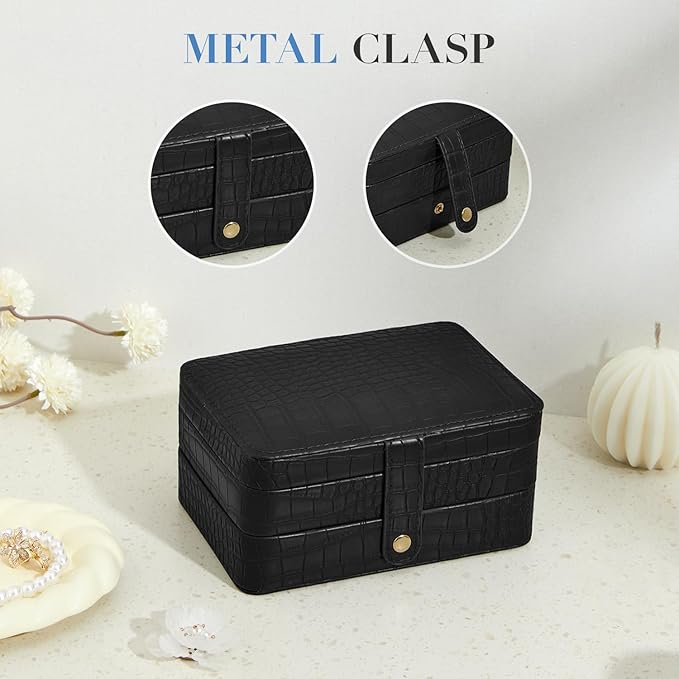PU Leather Small Jewelry Box for Women Girls, Double Layers Travel Portable Jewelry Case for Ring, Pendant, Earring, Necklace, Bracelet Organizer Storage Holder Boxes, Black
