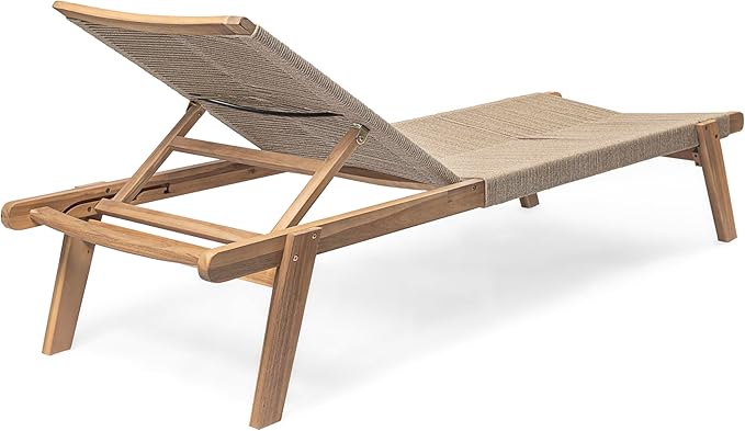 Christopher Knight Home Lurelala Set of 4 Outdoor Patio Wood Adjustable Chaise Lounges with Rope Seating, Rope Chaise Lounge with Acacia Wood Frame, Chaise Lounge for Poolside Balcony, Teak+Beige