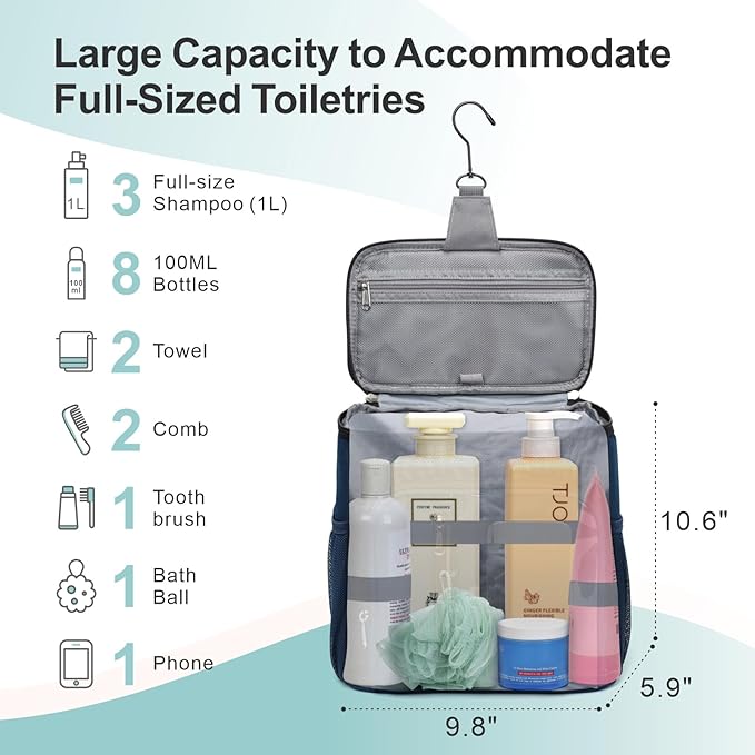 F-color Hanging Shower Caddy Portable - College Dorm Essentials for Guys with Hooks, Quick-Dry Shower Bag for Dorm Travel Gym Camping Essentials, Water-Resistant with Multiple Pockets, Dark Blue