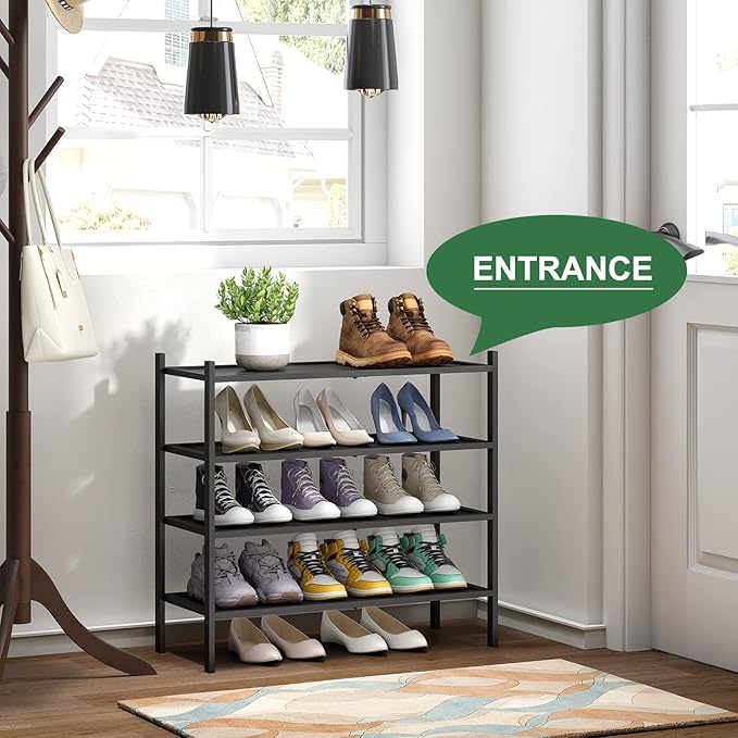 Shoe Rack for Entryway, Black Bamboo Shoe Rack 4-Tier, Stackable Shoe Organizer for Hallway Closet, Free Standing Shoe Racks for Indoor Outdoor