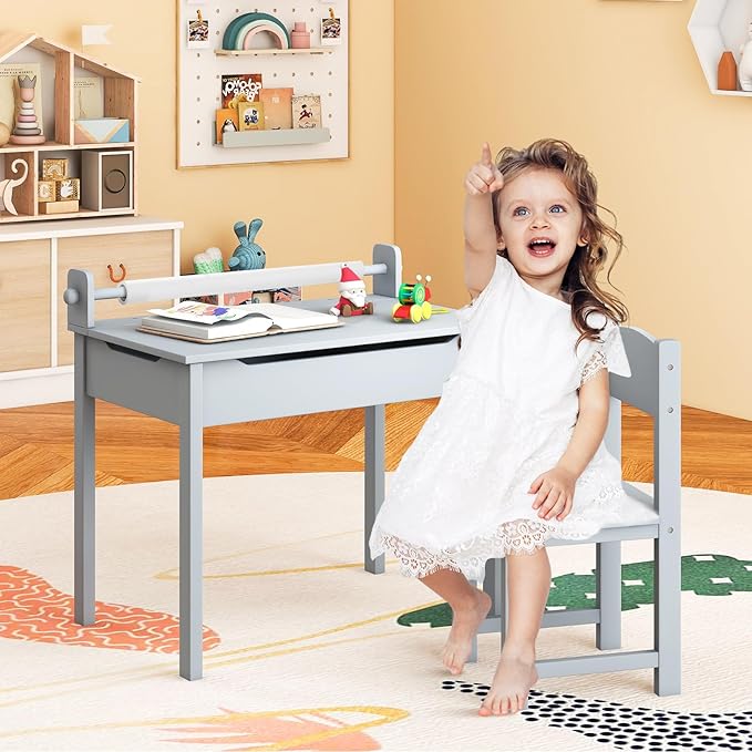 Costzon Kids Table and Chair Set, Flip Top Kids Art Craft Table w/Chair for Playroom Kindergarten, Toddler Drawing Writing Desk Set w/Paper Roll & 2 Markers, Gift for Boys Girls Ages 3+ (Gray)