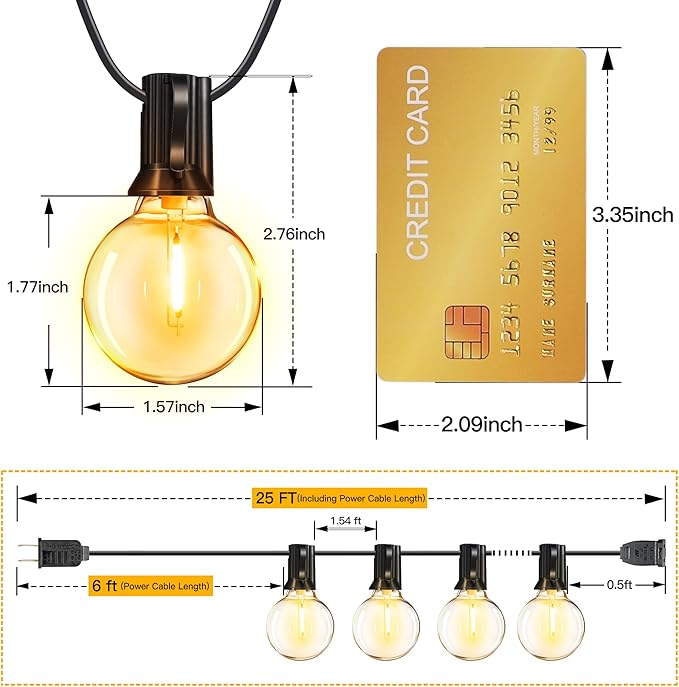 Ollny 25FT Outdoor String Lights, Waterproof Connectable Shatterproof Outside Light with 13 Edison + 1 Spare LED Bulbs Plug in, Patio Lights for Indoor Balcony Porch Camping Deck