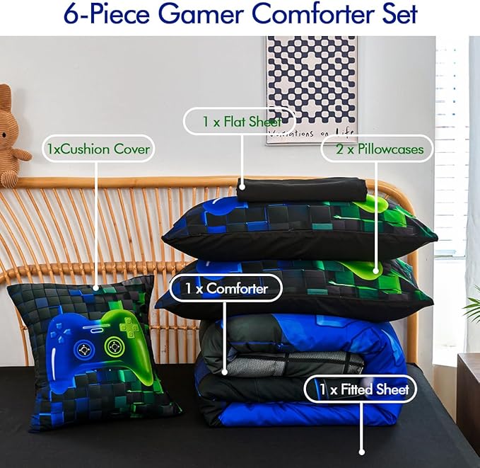PERFEMET Gamer Comforter Queen Set 6 Pieces Blue and Green Game Console Boys Bedding Set with Sheets Soft Fluffy 3D Video Game Bed in a Bag for Kids Teen(Blue Green, Queen)
