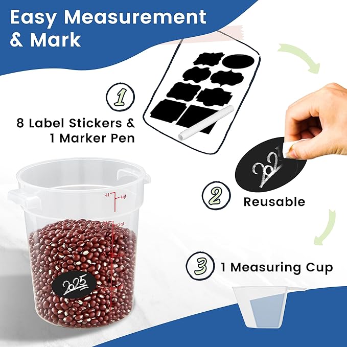 4 Pack 4QT Round Food Storage Containers with Lids, BPA-Free Polypropylene NSF Commercial Food Container, with Labels & Measuring Cup