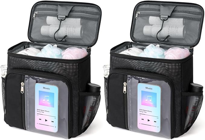 F-color Hanging Shower Caddy Portable - College Dorm Essentials for Guys with Hooks, Quick-Dry Shower Bag for Dorm Travel Gym Camping Essentials, Water-Resistant with Multiple Pockets, 2 Packs Black