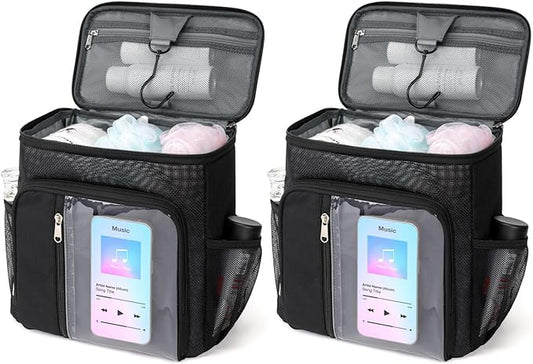 F-color Hanging Shower Caddy Portable - College Dorm Essentials for Guys with Hooks, Quick-Dry Shower Bag for Dorm Travel Gym Camping Essentials, Water-Resistant with Multiple Pockets, 2 Packs Black