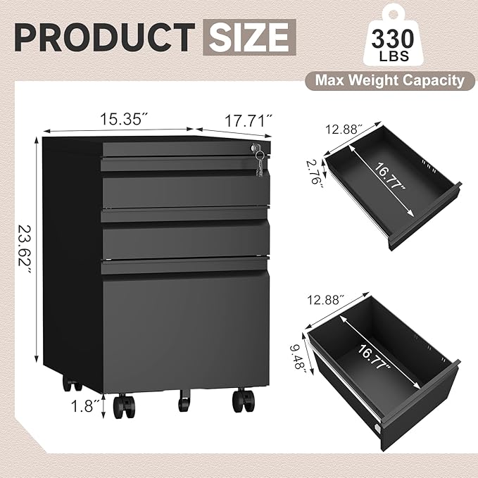 3 Drawer File Cabinet,Metal File Cabinet 2 Drawer with Lock,Small Filing Cabinets for Home Office,Letter/Legal/A4 Size,Black