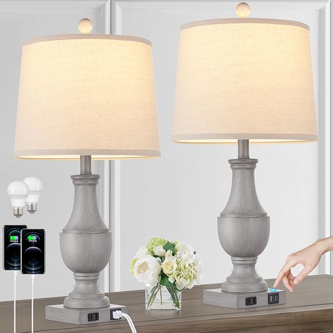 Farmhouse Table Lamps for Living Room, Rustic 26" Touch Control Bedside Lamps with USB A+C Charging Ports & AC Outlet, Vintage 3-Way Dimmable Nightstand Lamp Linen Fabric Shade for Bedroom End Table