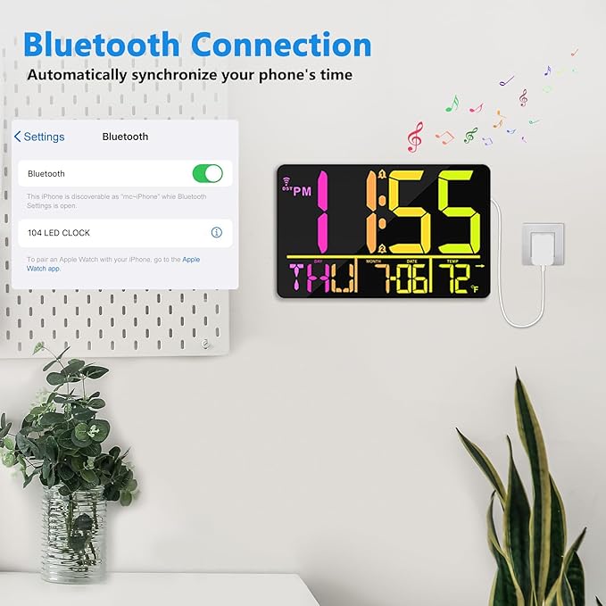 13" Bluetooth Auto Sync Wall Clock- Large Digital Alarm Clock with Remote, RGB Color Changing, 25 Ringtones, Adjustable Brightness, Auto DST, for Living Room, Kitchen, Office, Elderly