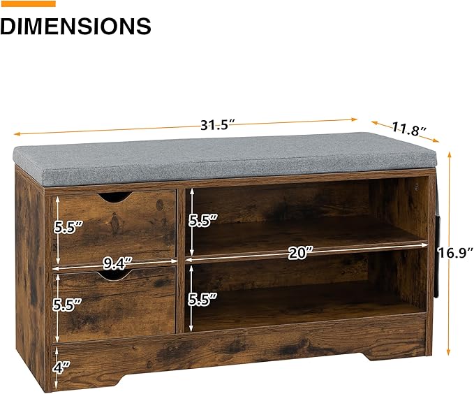 WelFurGeer Shoe Bench Entryway with Storage, Shoe Rack with Bench, Entryway Bench with Shoe Storage, Entryway Shoe Bench with Cushion, Brown + Gray