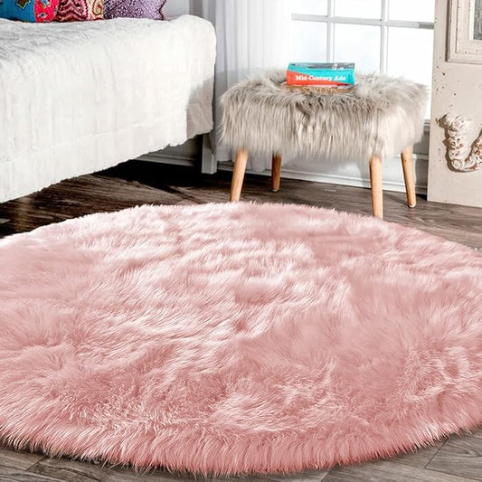 Latepis Pink Rugs for Bedroom Girls Round Rugs 8ft Large Area Fluffy Circle Plush Shaggy Rug Washable Faux Fur Rug for Living Room Nursery Play Tent Floor Home Decor