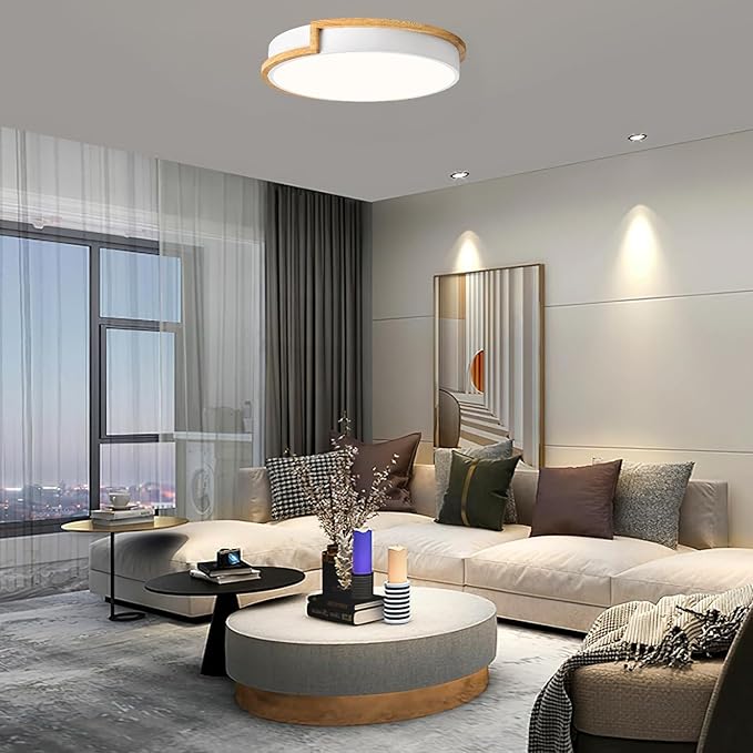 Dimmable LED Wood Flush Mount Ceiling Lights,Modern White 5CCT 2700K-6000K Lighting Fixtures,Round Ceiling Lamp for Kitchen Living Room Dining Room Bathroom Bedroom Entryway 15.8in