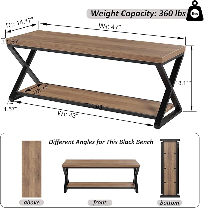 IBF Wood Entryway Bench, Wooden and Metal Bedroom Indoor Bench, Industrial Shoe Bench with Storage and Seating, Farmhouse Entry Bench for Foyer Entrance Hallway Living Dining Room, Rustic Oak, 47 Inch