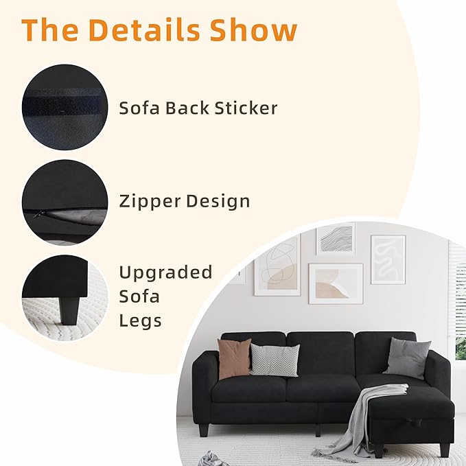 Sectional Sofa Couches for Living Room - 78'' Black 3 Seat L-Shaped Couch with Storage Ottoman, Modern Velvet Convertible Sectionals Sofas with Chaise for Apartment, Office, Small Space