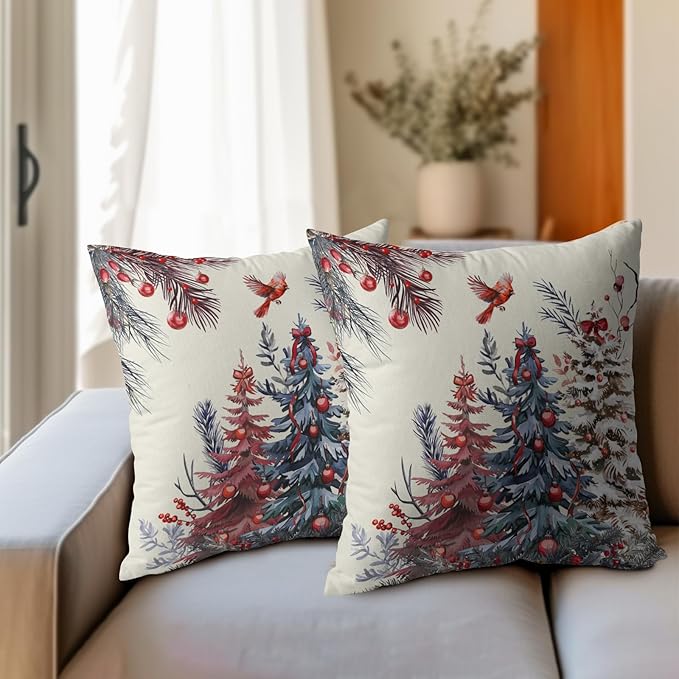 Kawani Christmas Pillow Covers 16x16 Inch Red Christmas Trees Decorative Throw Pillow Covers Set of 2 Winter Xmas Holiday Pillowcases Cushion Covers for Couch Indoor Outdoor Home Decor