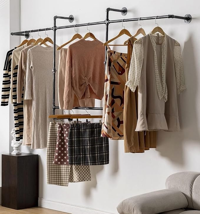 Industrial Pipe Clothing Rack, Hanging Garment Rack, Wall Mounted Pipe Clothes Rack with Four Hanging Rods, Heavy Duty Garment Rack, Industrial Steampunk Closet Organizer Hall Tree (Metal Pipes-Black)