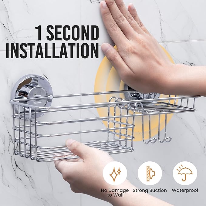 LEVERLOC Shower Caddy Suction Cup, Shelves for Inside with Hooks & Soap Holder Toothbrush Holder, NO-Drilling Bathroom Organizer, Rustproof Holder Storage, Silver