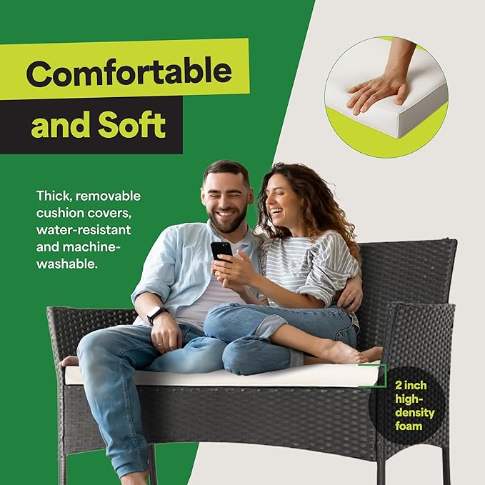 EconoHome 4-Piece Outdoor Patio Furniture Set - Patio Set with 2 Rattan Chairs, 1 Loveseat & 1 Glass -Top Coffee Table - Weather-Proof Wicker with Cushions - Conversation Set for Porch, Balcony, Lawn