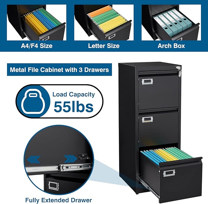 3-Drawer File Cabinet, 16.3" Deep Vertical Filing Cabinet with Lock, Metal File Cabinet for Home Office, Anti-Tip 3 Storage Drawers for Letter/Legal/A4/F4 Size, Assembly Required, Black