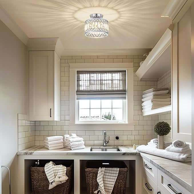 Crystal Chrome Ceiling Light, Modern Semi Flush Mount Ceiling Lighting Fixture, Round Hallway Lighting Fixtures for Entryway Kitchen Bedroom Laundry Room, 1-Light, 9 Inch