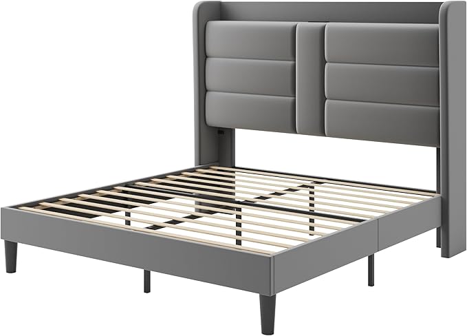 SHA CERLIN Full Size Bed Frame with Charging Station & Storage Headboard, Velvet Platform Bed with Upholstered Modern Wingback Design, Wooden Slats Support, No Box Spring Needed, Easy Assembly, Grey