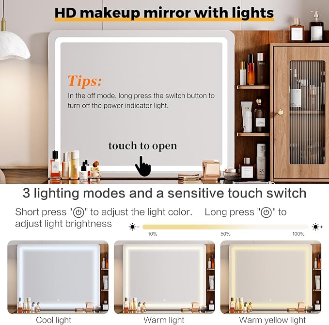 Vanity Desk with 29.53" HD Lighted Mirror, 47.24" Big Modern Vanity Desk with Mirror and Lights, Makeup Vanity with 5 Drawers and Storage Shelves and Charging Station,Brown