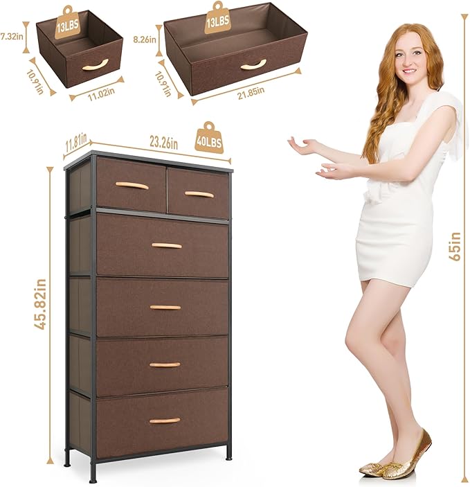Tall Dresser for Bedroom, Vertical Storage Organizer Tower with 6 Drawers, Chest of Drawers with Fabric Bins, Steel Frame, Wood Top for Bedroom, Closet, Entryway- Brown