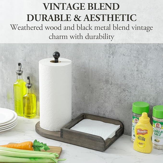 MyGift Vintage Weathered Gray Solid Wood and Black Metal Paper Towel Roll Holder and Napkin Dispenser Combination Storage Rack for Kitchen Counter or Dining Table