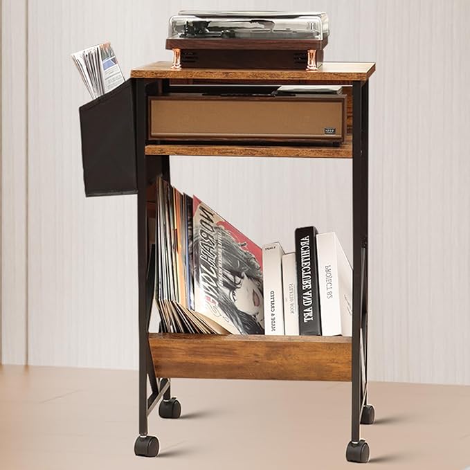 KATHY&BOB 3-Tier Printer Stand Mobile File Cabinet for Home Office with Side Storage Bag, Rolling Filing Cabinet with Open Storage Shelf, Fits A4 or Letter Size, Brown Under Desk Organizer