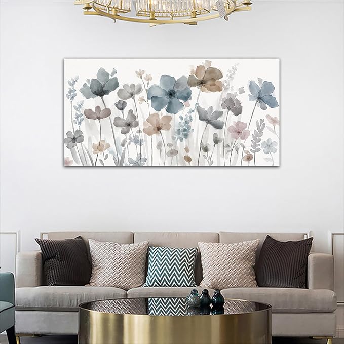 Elegant Flowers Canvas Wall Art - Floral Pictures for Wall Decor Indigo Brown Grey Canvas Painting Nature Printing Artwork for Living Room Bedroom Home Office Wall Decoration 29" x 58"