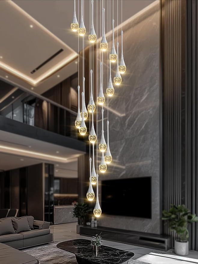 H138 Modern Chandelier for High Ceiling 26-Lights Chrome Raindrop Chandeliers Crystal Pendant Light Fixture Large Chandelier for Staircase Foyer Villa Dimmable LED Hanging Light