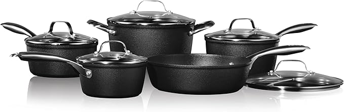 Starfrit The Rock Diamond 10PC Non-Stick Set - Durable Forged Aluminum - Oven Safe - PFOA Free - Easy to Clean - Black