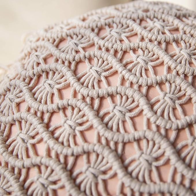 Phantoscope 100% Cotton Handmade Crochet Woven Boho Throw Pillow with Tassel Cute Farmhouse Pillow Insert Included Lumbar Small Decorative Cushion for Couch Sofa, Pink,16 inches Round