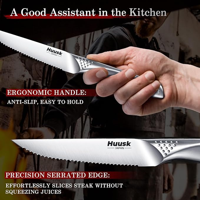 Huusk Serrated Steak Knives Set - 4.5" Japanese Stainless Steel Steak Knives Set of 6, Sharp Dishwasher Safe Dinner Knife for Kitchen Table with Gift Box