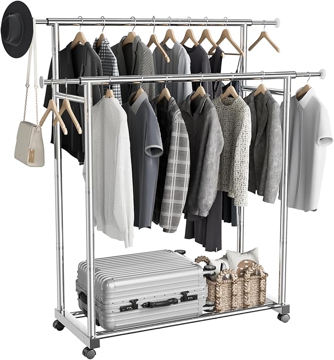 Clothes Rack for Hanging Clothes, Stainless Steels Coat Rack with Wheels, Clothing Rack, Garment Rack, Portable Closet, Portable Closet, Adjustable Length