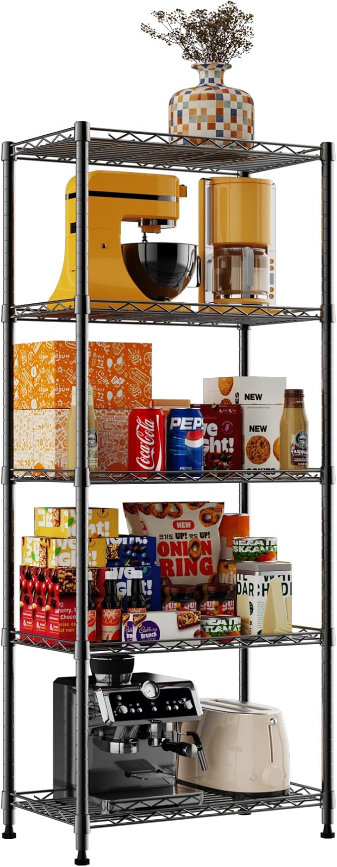 REGILLER 5-Wire Shelving Metal Storage Rack Adjustable Shelves,Standing Storage Shelf Units for Laundry Bathroom Kitchen Pantry Closet(Black,11.8" D x 21.2" W x 53.5" H)