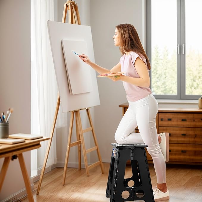 ACKO Folding Step Stool Foldable 16 Inch 400 lbs Capacity, Plastic Stools for Adults and Kids, Collapsible Stools for Kitchen, Stepping Stool with Handle, Black, 1 PC